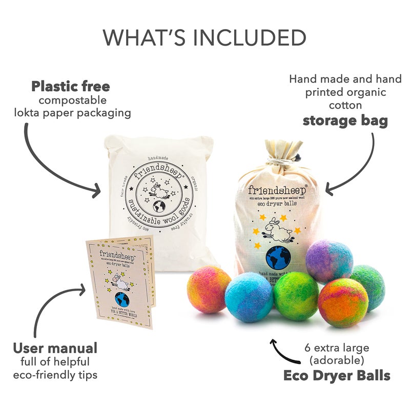 Friendsheep Wool Dryer Balls, Organic Reusable Fabric Softener Alternative for Laundry, Handmade, Fair Trade, Hypoallergenic, Eco-Friendly, Plastic-Free (6 Pack XL - Galxy Tie Dye) - Image 4